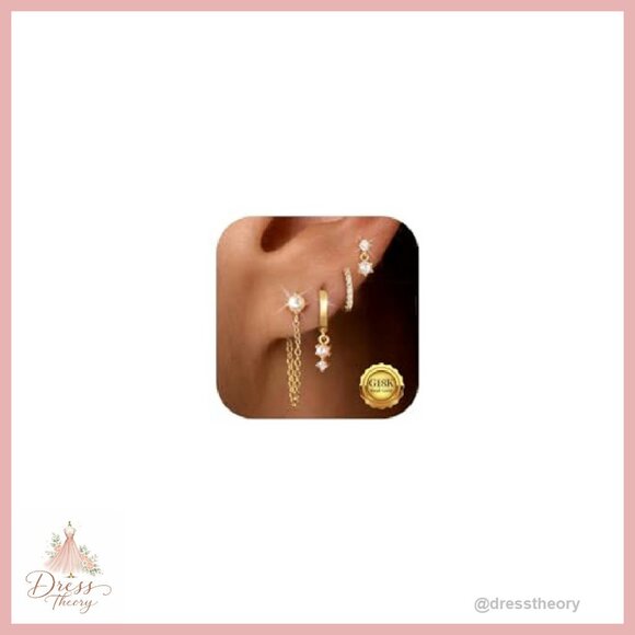 18K Gold Plated Pearl Stud Huggie Hoop Dangle Chain Earring Stack Set - Picture 2 of 8